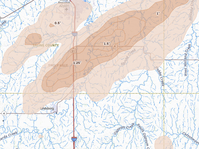 Radar-estimated hail-size map of the storm over Assaria, KS on May 18, 2026