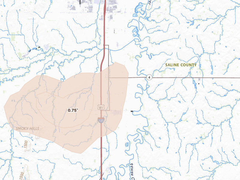 Radar-estimated hail-size map of the storm over Assaria, KS on Jun 19, 2026