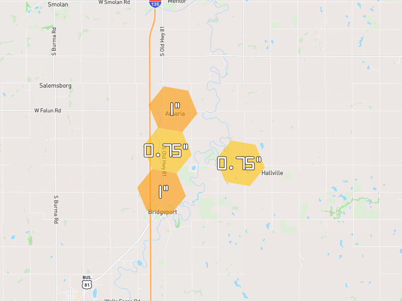 Hail map of Assaria, KS on Jul 24, 2026, hail up to 1"