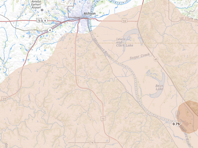Radar-estimated hail-size map of the storm over Atchison, KS on Apr 26, 2026