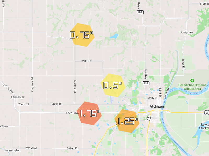 Hail map of Atchison, KS on Jul 3, 2026, hail up to 1.75"