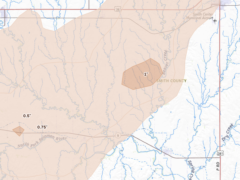 Radar-estimated hail-size map of the storm over Athol, KS on May 16, 2026