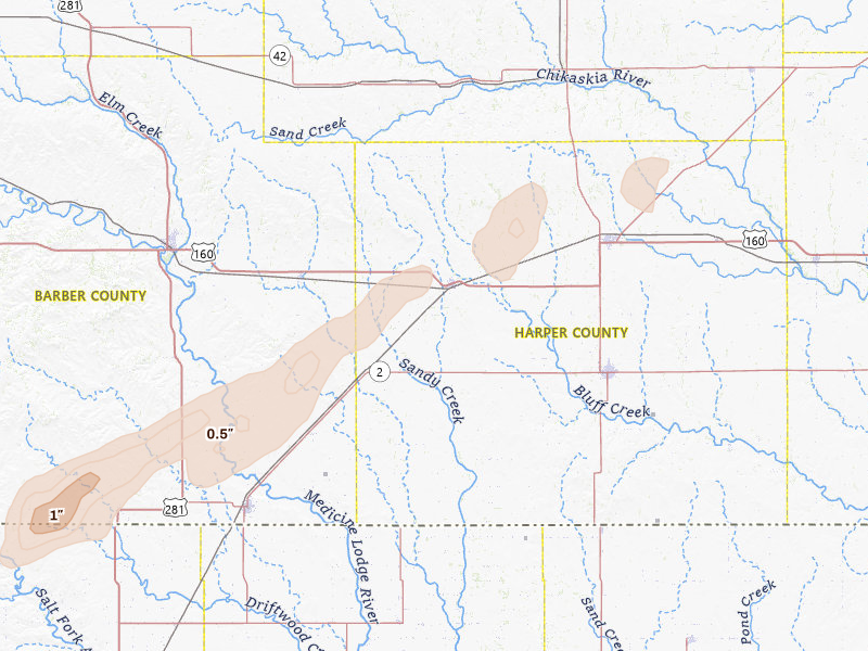 Radar-estimated hail-size map of the storm over Attica, KS on Mar 3, 2026