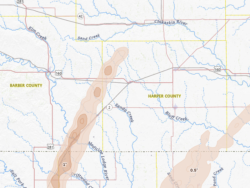 Radar-estimated hail-size map of the storm over Attica, KS on Mar 5, 2026