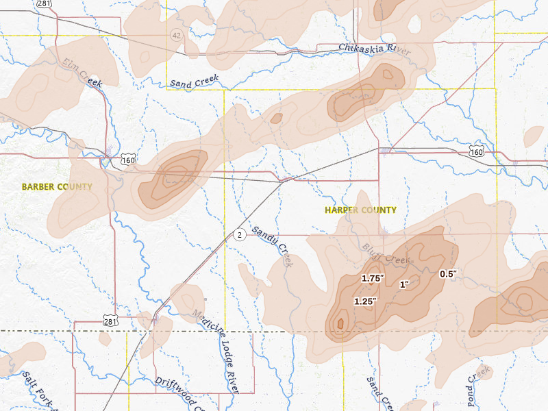 Radar-estimated hail-size map of the storm over Attica, KS on Mar 10, 2026