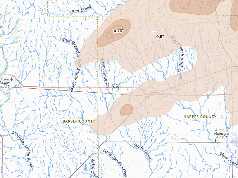 Radar-estimated hail-size map of the storm over Attica, KS on May 18, 2026
