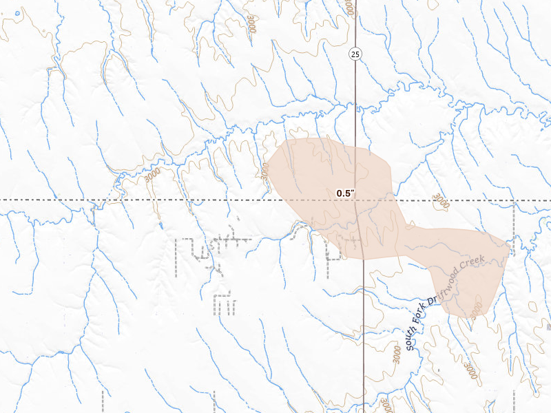 Radar-estimated hail-size map of the storm over Atwood, KS on Jun 23, 2026