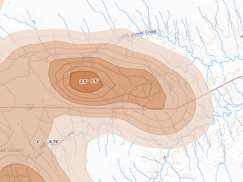 Radar-estimated hail-size map of the storm over Atwood, KS on Jul 9, 2026