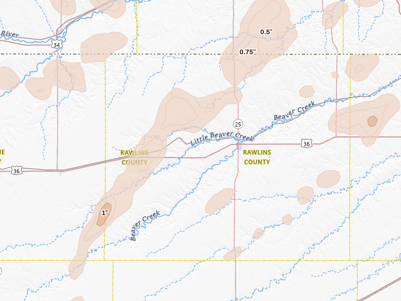 Radar-estimated hail-size map of the storm over Atwood, KS on Aug 14, 2026