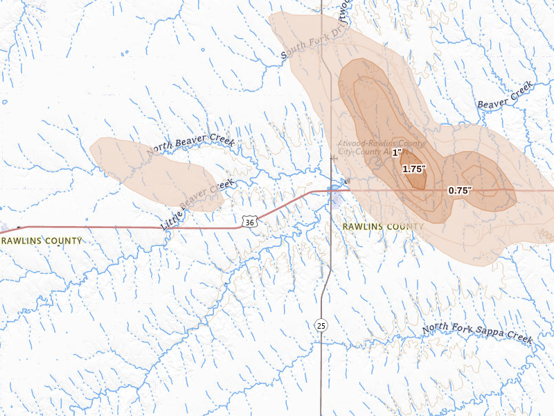 Radar-estimated hail-size map of the storm over Atwood, KS on Aug 19, 2026