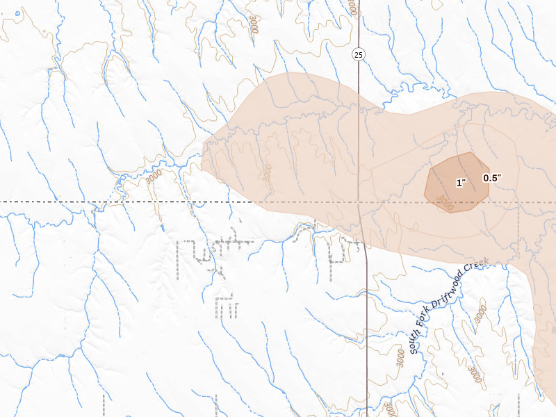 Radar-estimated hail-size map of the storm over Atwood, KS on Aug 25, 2026