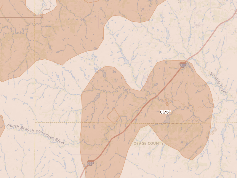 Radar-estimated hail-size map of the storm over Auburn, KS on Apr 26, 2026