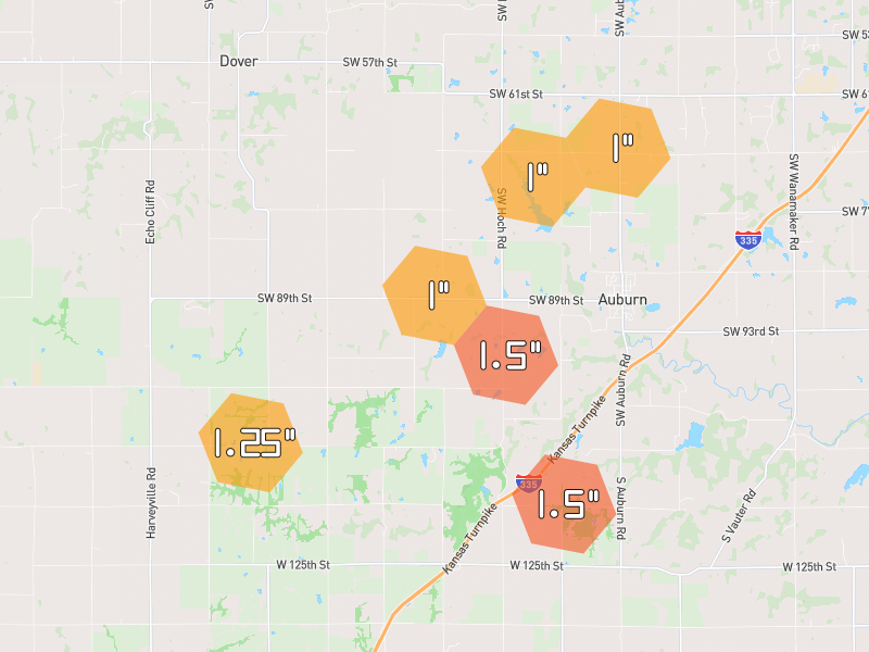 Hail map of Auburn, KS on Jun 9, 2026, hail up to 1.5"