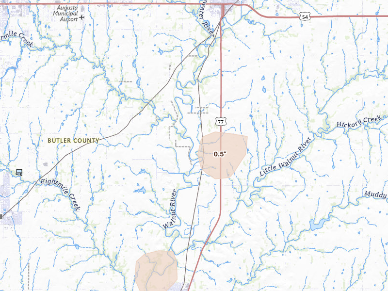 Radar-estimated hail-size map of the storm over Augusta, KS on Mar 6, 2026
