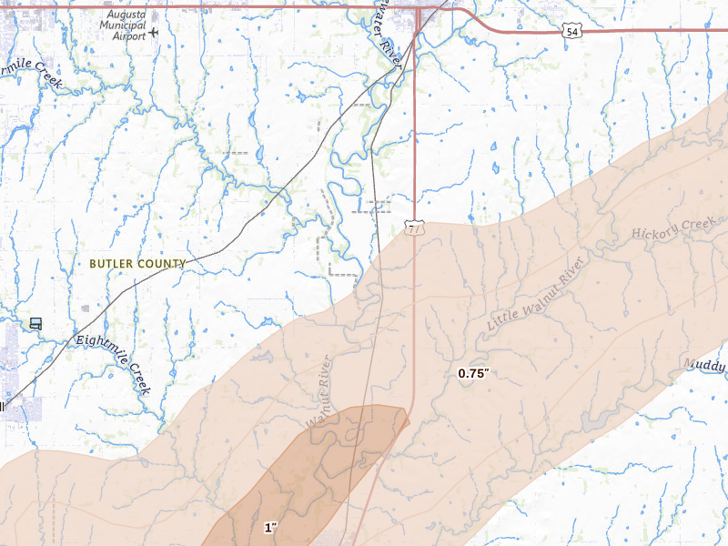 Radar-estimated hail-size map of the storm over Augusta, KS on Apr 17, 2026