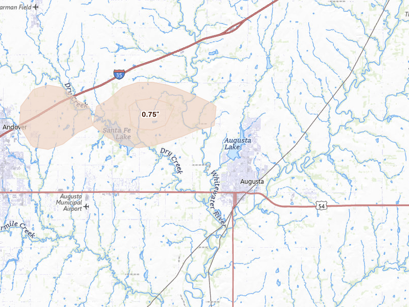 Radar-estimated hail-size map of the storm over Augusta, KS on Aug 7, 2026
