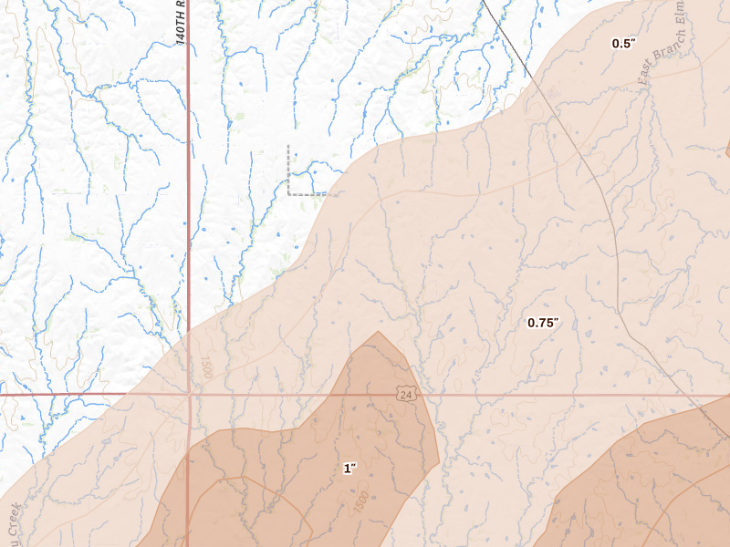 Radar-estimated hail-size map of the storm over Aurora, KS on May 18, 2026