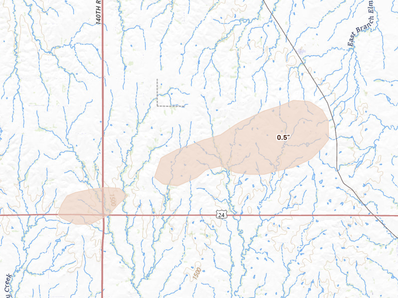 Radar-estimated hail-size map of the storm over Aurora, KS on Jun 8, 2026