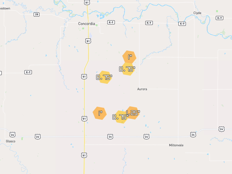 Hail map of Aurora, KS on Jun 9, 2026, hail up to 1.25"