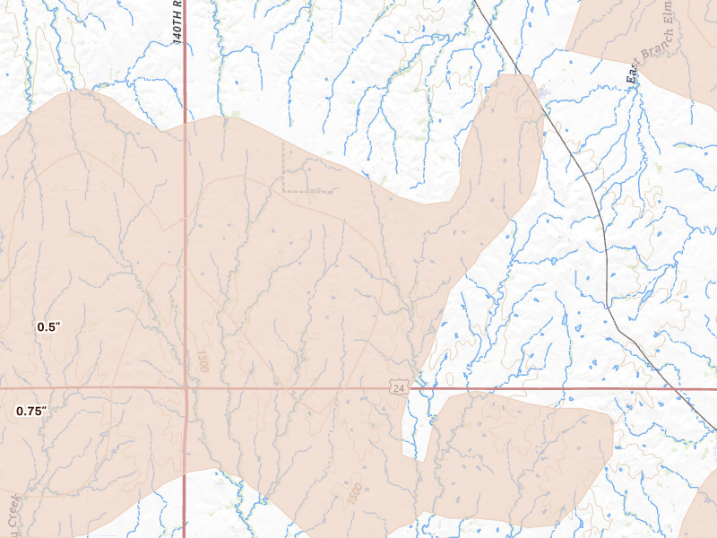 Radar-estimated hail-size map of the storm over Aurora, KS on Jul 3, 2026