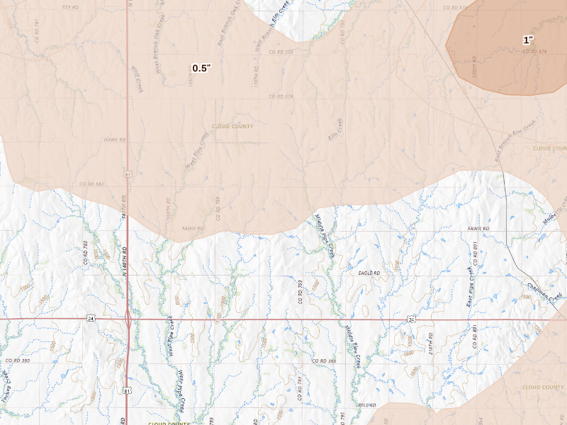 Radar-estimated hail-size map of the storm over Aurora, KS