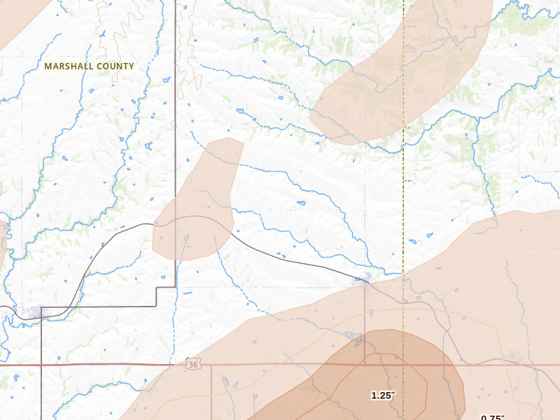 Radar-estimated hail-size map of the storm over Axtell, KS on Apr 23, 2026