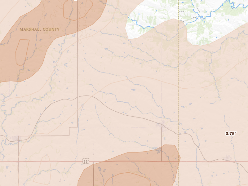 Radar-estimated hail-size map of the storm over Axtell, KS on May 18, 2026