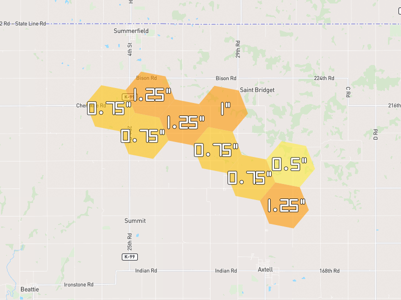 Hail map of Axtell, KS on Jul 4, 2026, hail up to 1.25"