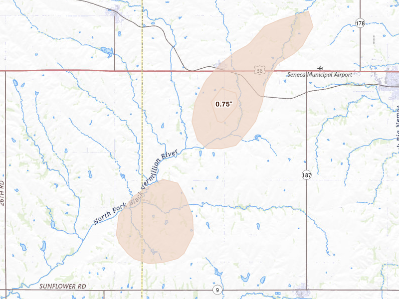 Radar-estimated hail-size map of the storm over Baileyville, KS on Mar 5, 2026