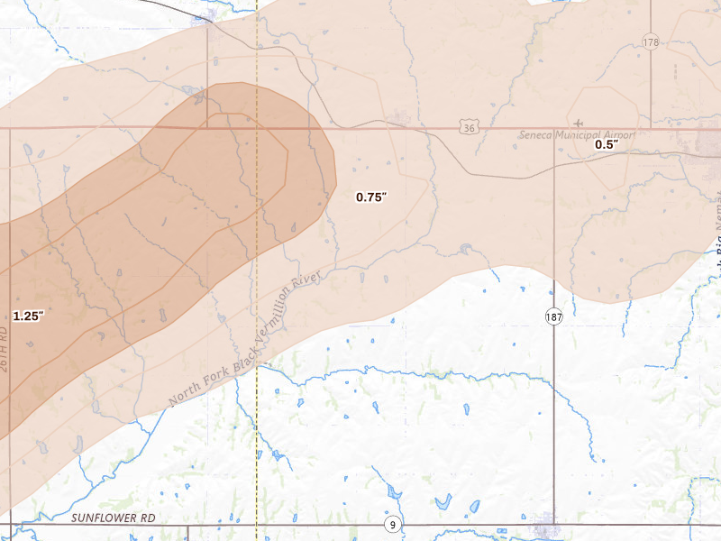 Radar-estimated hail-size map of the storm over Baileyville, KS on Apr 23, 2026