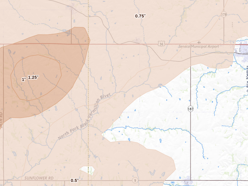 Radar-estimated hail-size map of the storm over Baileyville, KS on May 18, 2026