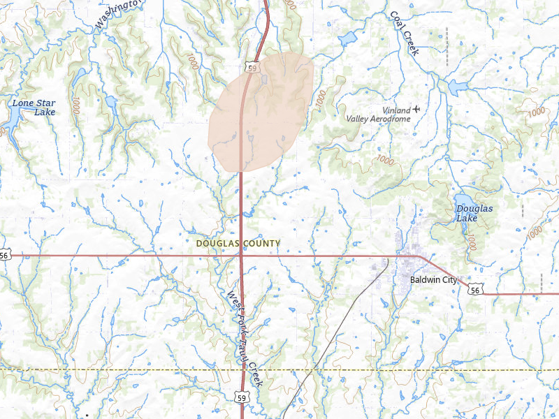 Radar-estimated hail-size map of the storm over Baldwin City, KS on Apr 23, 2026