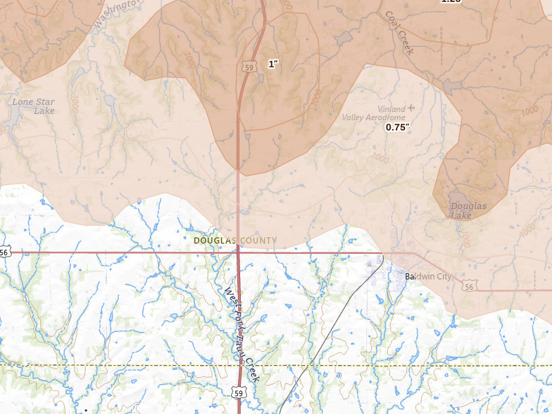 Radar-estimated hail-size map of the storm over Baldwin City, KS on Apr 26, 2026