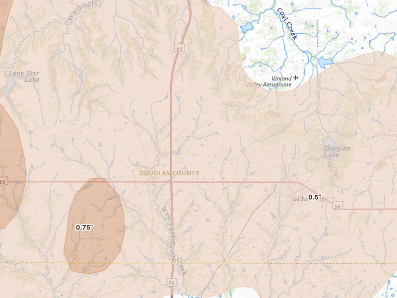 Radar-estimated hail-size map of the storm over Baldwin City, KS on Jun 8, 2026