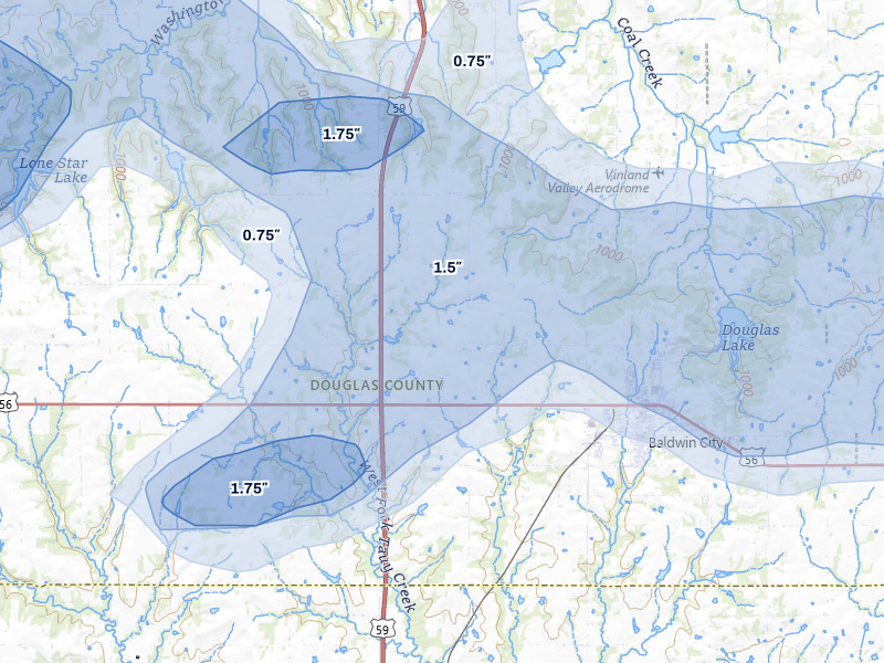 NEXRAD radar-signature map of the hail storm over Baldwin City, KS on Jun 8, 2026