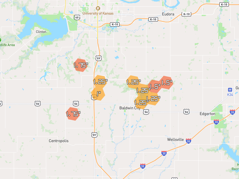 Hail map of Baldwin City, KS on Jun 9, 2026, hail up to 1.75"