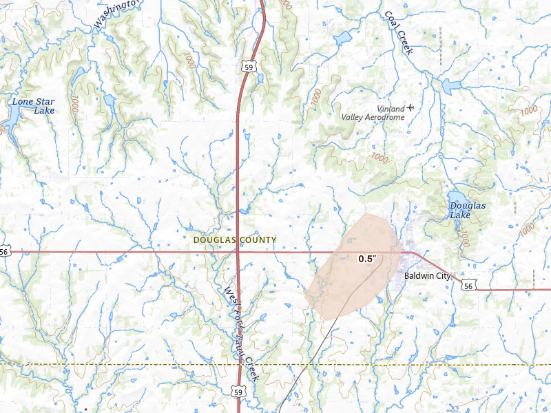 Radar-estimated hail-size map of the storm over Baldwin City, KS on Jul 8, 2026