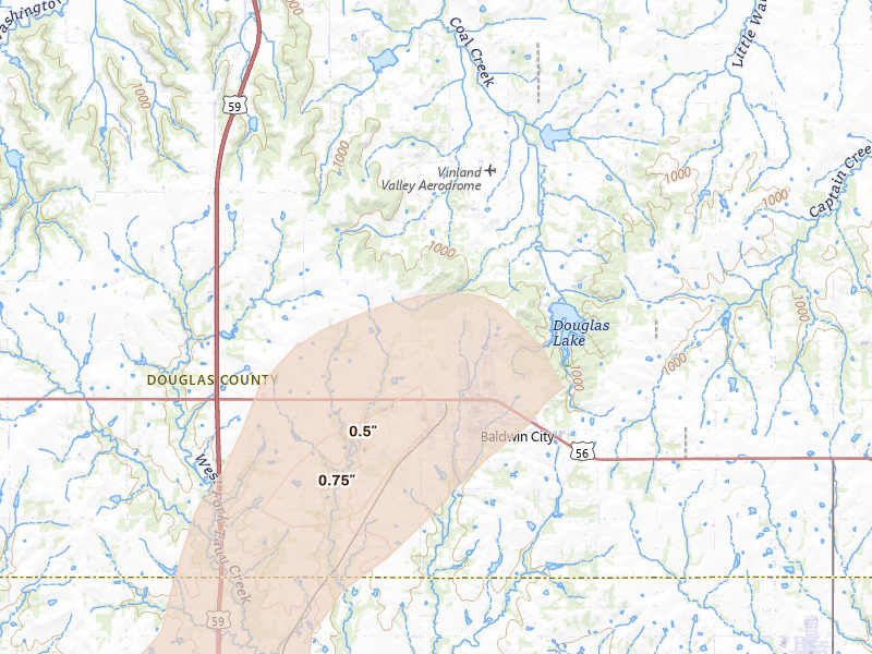 Radar-estimated hail-size map of the storm over Baldwin City, KS