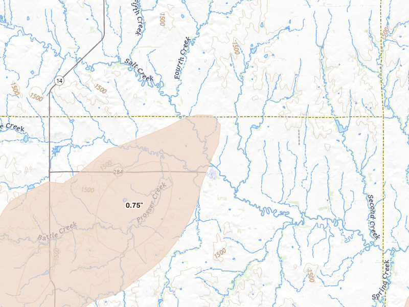 Radar-estimated hail-size map of the storm over Barnard, KS on Apr 26, 2026