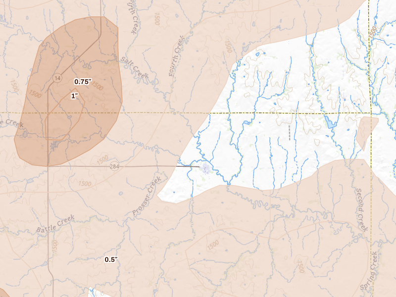 Radar-estimated hail-size map of the storm over Barnard, KS on Jun 8, 2026