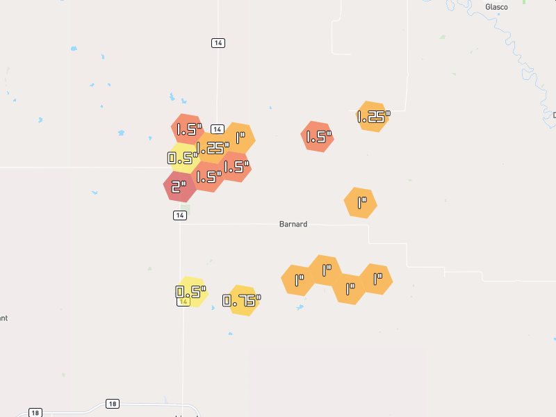 Hail map of Barnard, KS on Jun 9, 2026, hail up to 2"