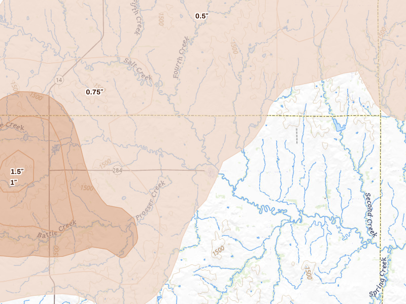 Radar-estimated hail-size map of the storm over Barnard, KS on Jul 3, 2026