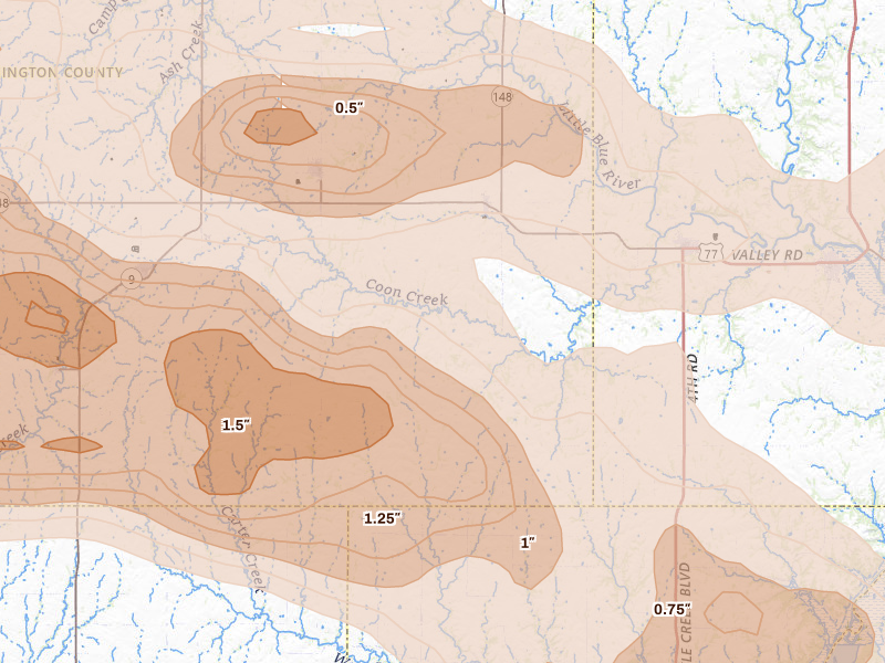 Radar-estimated hail-size map of the storm over Barnes, KS on Apr 9, 2026