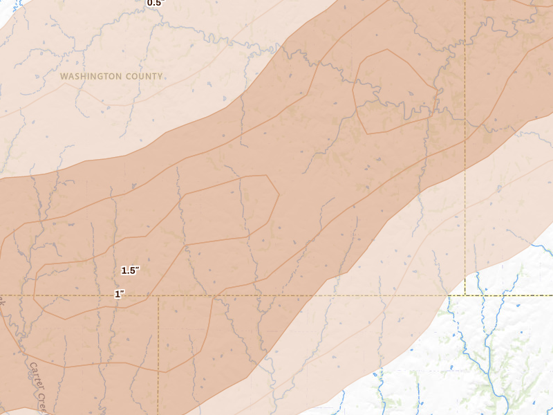 Radar-estimated hail-size map of the storm over Barnes, KS on May 18, 2026