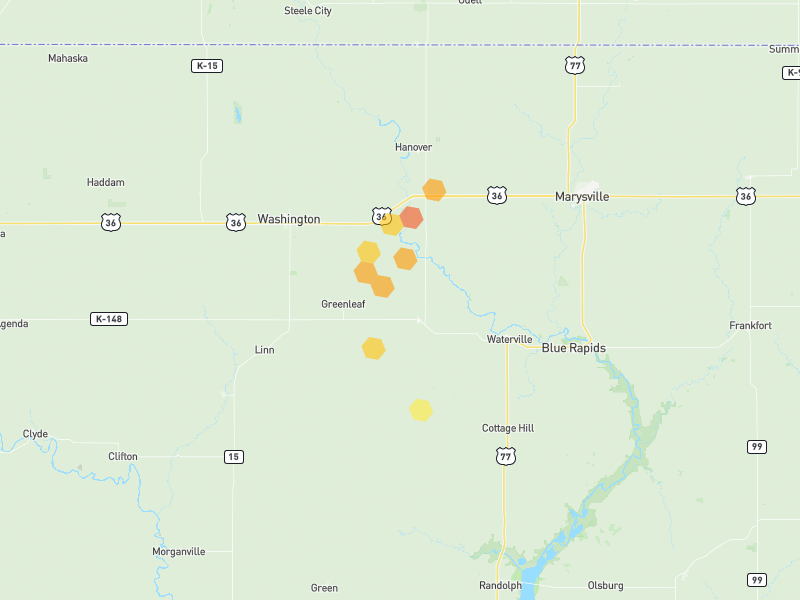 Hail map of Barnes, KS on Jul 4, 2026, hail up to 1.5"