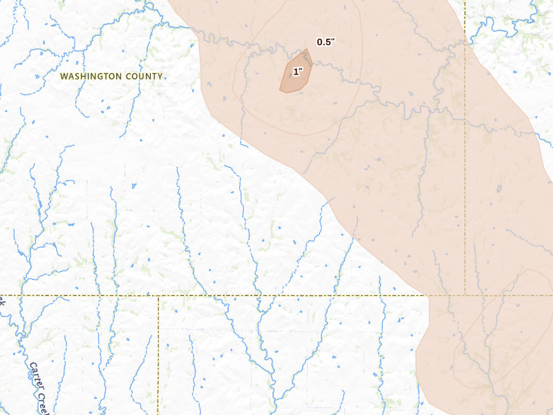 Radar-estimated hail-size map of the storm over Barnes, KS on Jul 8, 2026