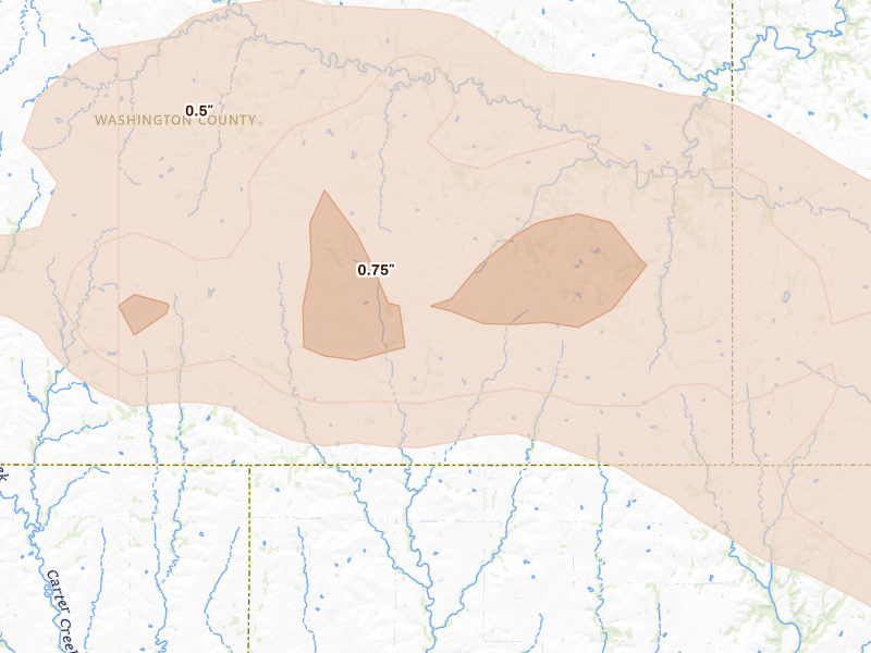Radar-estimated hail-size map of the storm over Barnes, KS on Aug 18, 2026