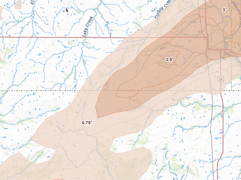 Radar-estimated hail-size map of the storm over Bartlett, KS on Apr 15, 2026