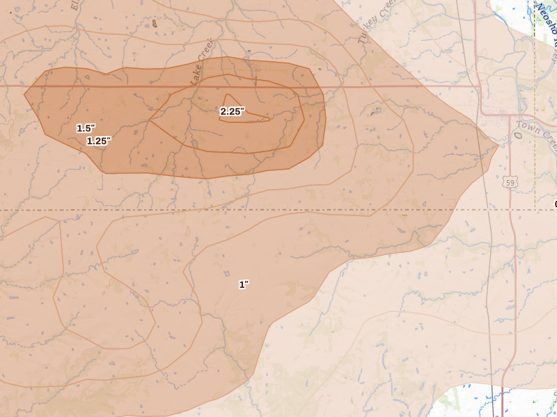 Radar-estimated hail-size map of the storm over Bartlett, KS on Jun 11, 2026