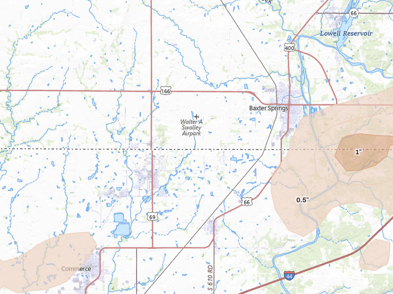 Radar-estimated hail-size map of the storm over Baxter Springs, KS on Apr 3, 2026
